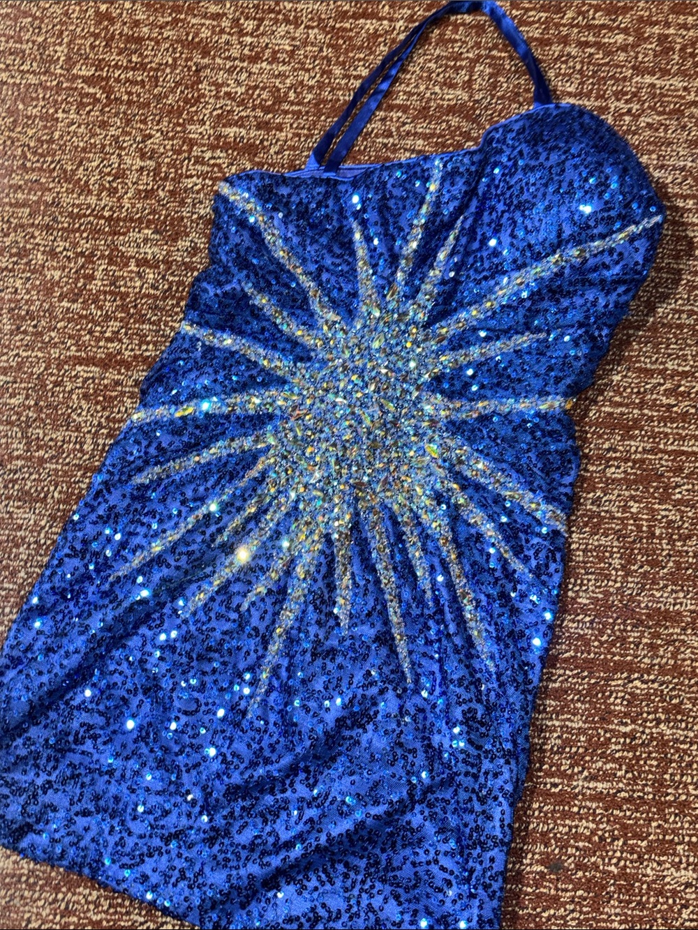 Dave & Johnny sequin mini dress rhinestone side starburst fitted spaghetti strap - Picture 7 of 14